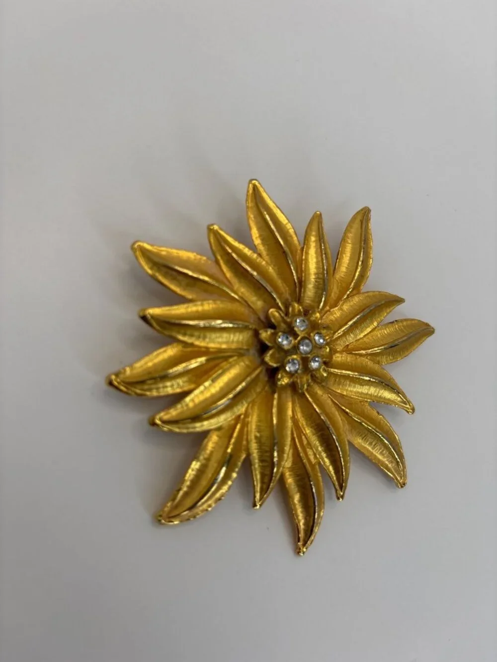 Vintage Gold Tone Large Floral Brooch Pin Rhinestone Center